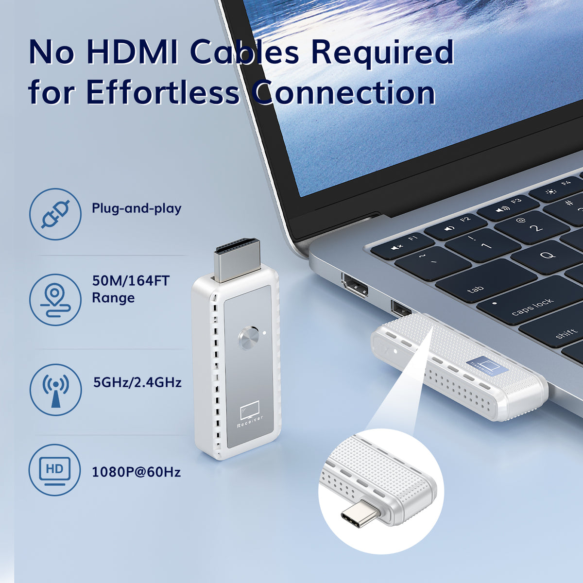 USB-C Wireless HDMI Transmitter and Receiver, 164FT/50M Plug & Play