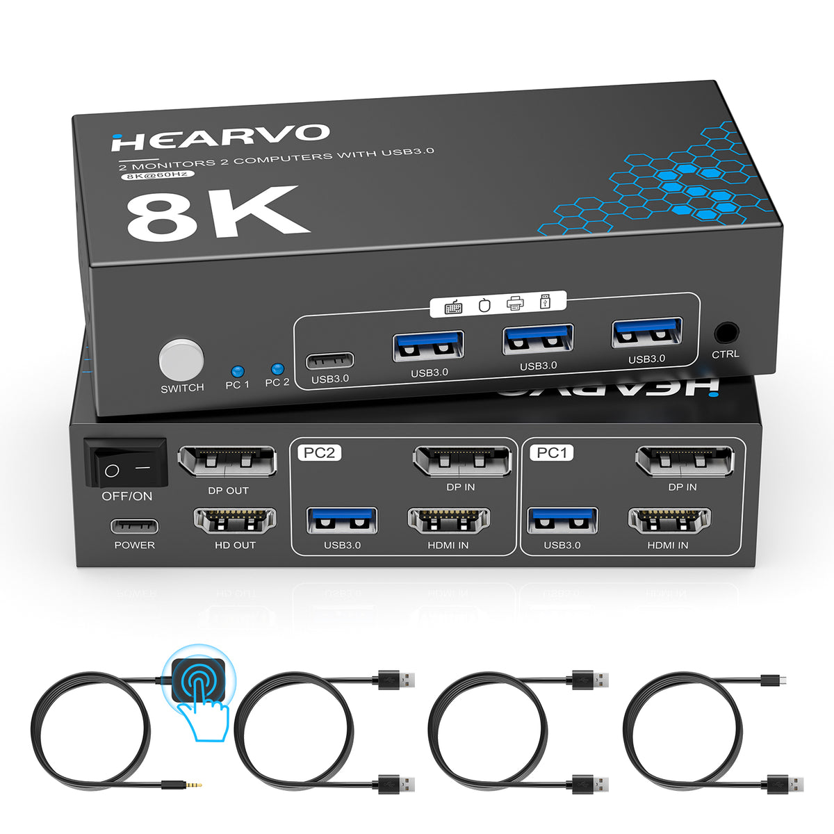 Hearvo HDMI DisplayPort KVM Switch 2 Monitors 2 Computers, 8K@60Hz Dual Monitor KVM Switcher with HDMI 2.1 & DisplayPort 1.4, USB 3.0 Hub,with Controller & 2 USB Cables & EDID Adaptive -S7240PH2