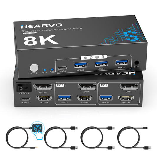 Hearvo 8K@60Hz HDMI KVM Switch for 2 Computers 2 Monitors, Dual Monitor KVM Switch with EDID Adaptive, Keyboard/Mouse/Printer Sharing, Includes 2 USB Cables & Controller -S7229H2
